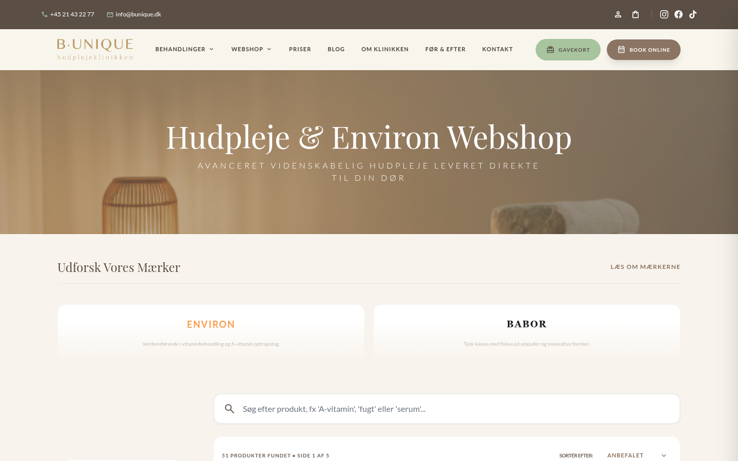 Environ-webshoppen bygget af CopenAI, hvor produktvisningen tilpasses brugerens hudprofil