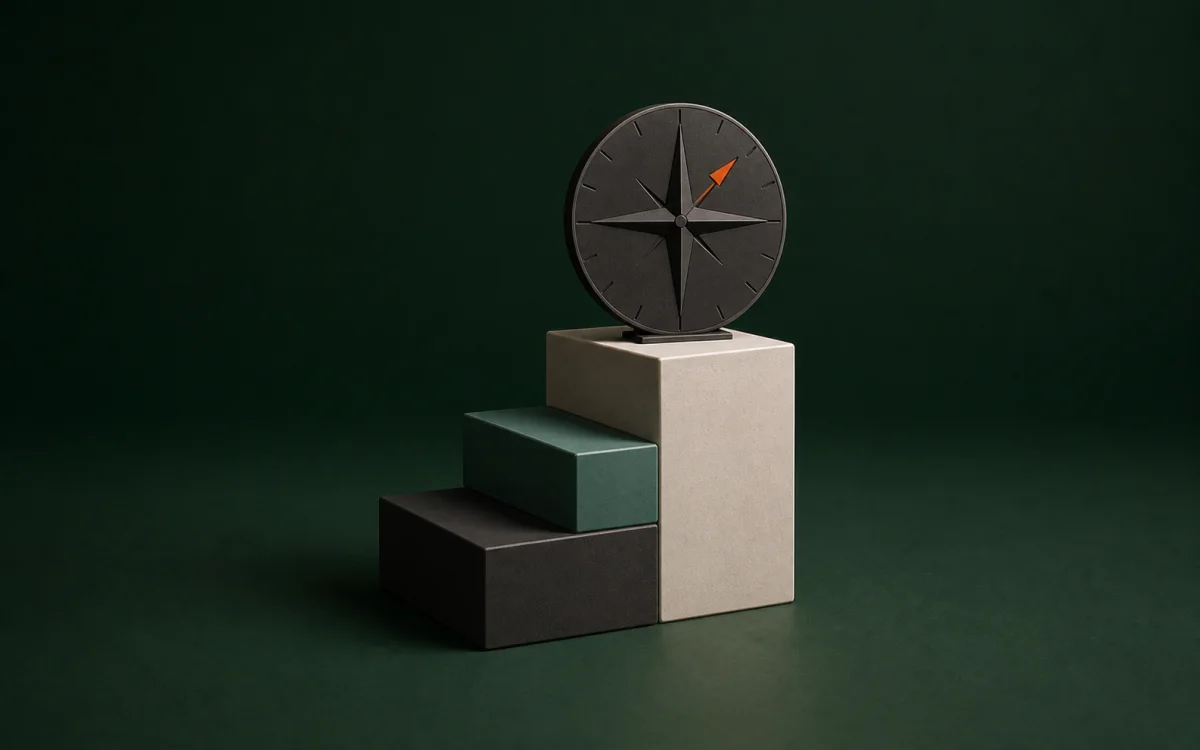 Minimalistisk 3D-skulptur af trin og et præcist kompas