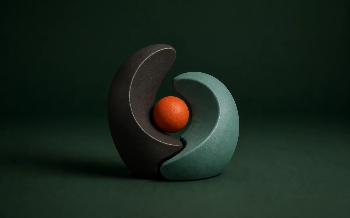 Minimalistisk 3D-skulptur af to afbalancerede former omkring en kerne