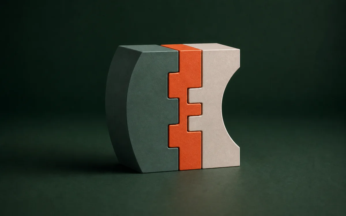 Minimalistisk 3D-skulptur af to former samlet med en præcis forbindelse
